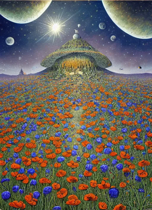 Image similar to detailed, intricate blue black and purple papaverum flower on the field, nebula, galaxy in the sky, winning award masterpiece, fantastically beautiful, illustration, aestheticly inspired, jacek yerka, upscale with anguissola sofonisba work, artstation, 8 k