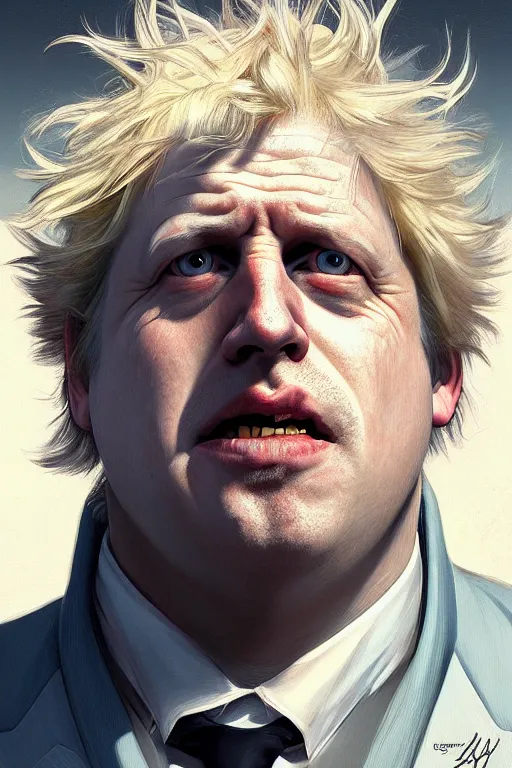 Image similar to Boris Johnson as Rick Sanchez, realistic portrait, symmetrical, highly detailed, digital painting, artstation, concept art, smooth, sharp focus, illustration, cinematic lighting, art by artgerm and greg rutkowski and alphonse mucha