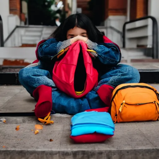 Prompt: a girl peacefully covered in a pile of backpacks