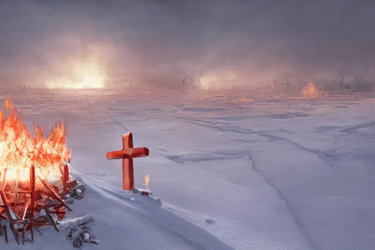 Image similar to a cross set on fire on a snow covered field, painting by pascal blanche, a matte painting by li shida, cgsociety, context art, redshift, matte painting, reimagined by industrial light and magic