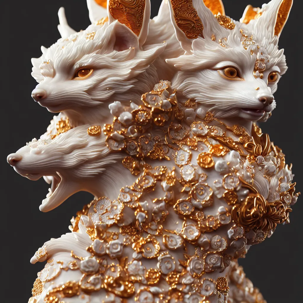 Prompt: a closeup photo - real delicate ceramic porcelain sculpture of an ornate detailed kitsune in front of an intricate background by rafael, micro detail, backlit lighting, subsurface scattering, translucent, thin porcelain, octane renderer, colorful, physically based rendering, trending on cgsociety