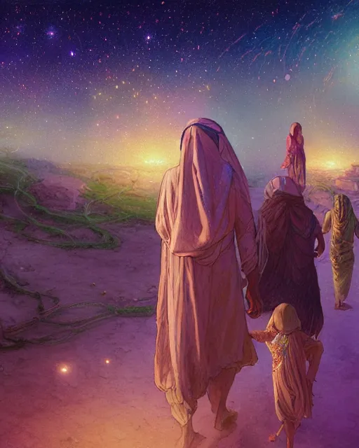 Image similar to bedouin man and woman and child in galaxy walking towards mosque surrounded by nebula, highly detailed, gold filigree, romantic storybook fantasy, soft cinematic lighting, award, disney concept art watercolor illustration by mandy jurgens and alphonse mucha and alena aenami, pastel color palette, featured on artstation