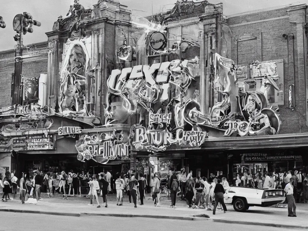 Image similar to a photograph taken with anscochrome 2 0 0, street view of the new theater of the town, with a back to the future banner, a lot of people in a line to enter the theater, ultra detailed, almost night, 1 9 8 5,
