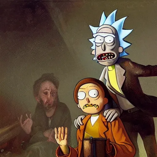 Prompt: rick and morty by rembrandt