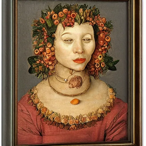 Prompt: portrait of young female made of fruits by Giuseppe Arcimboldo