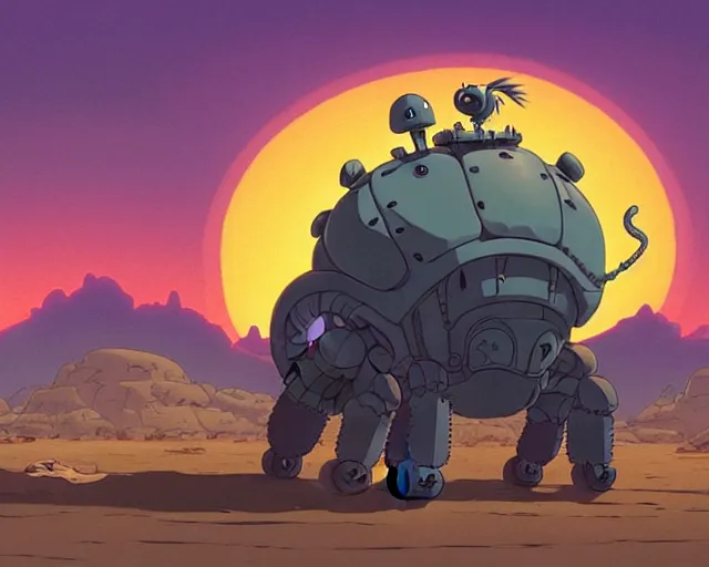 Prompt: a cell shaded cartoon giant grey lovecraftian mechanized turtle from howl's moving castle ( 2 0 0 4 ), with a big head, on a desert road, wide shot, sunset, golden hour, post grunge, concept art by josan gonzales, wlop, by james jean, victor ngai, hq, deviantart, art by artgem