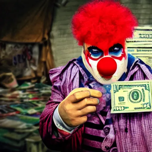 Image similar to A clown holding a dollar banknote, background is a slum, cinematic, epic, highly-detailed, photo realistic