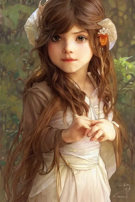 Prompt: a little girl with a mischievous face and short!! light brown straight hair. she is dressed as disney princess painting, beautiful detailed face. by artgerm and greg rutkowski and alphonse mucha
