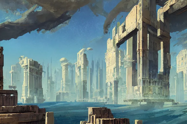 Image similar to an architectural painting of the ruins of an archaic city of ancient persia floating in the sky by syd mead and frazetta and james gilleard in the style of hugh ferriss, ancient persian architecture by hugh ferriss and peter mohrbacher