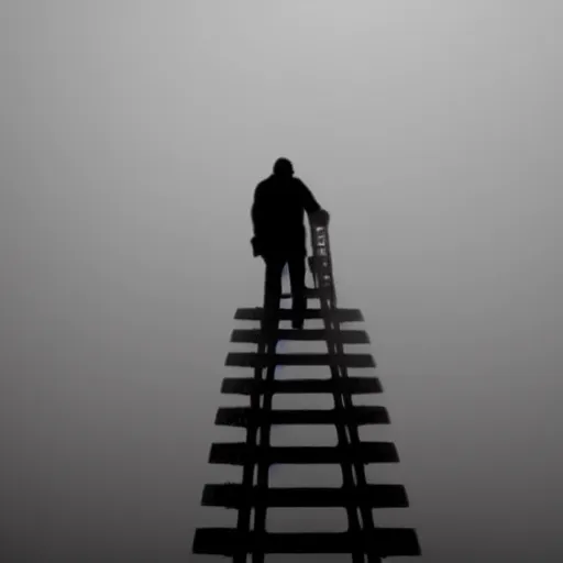 Prompt: a hand holding a step ladder emerges from the mist