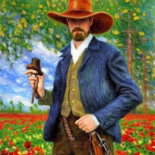 Prompt: an impressionist painting of a tall man with blue eyes and brown hair that is wearing a wide brim leather hat and a leather vest. He is holding a revolver in his left hand and a ((((red rose is in his right hand))))!!!!!!!!!!!. He is standing in a field of roses. Blue sky in the background