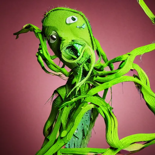 Image similar to studio photograph of a thin green vine creature with vine limbs and a pink blooming flower mouth with many sharp teeth