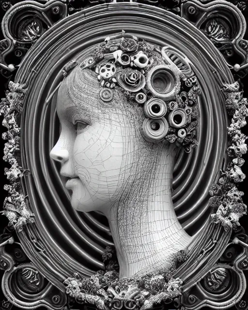 Image similar to mythical dreamy black and white organic bio-mechanical spinal ribbed profile face portrait detail of translucent steampunk beautiful female angelic-human-queen-vegetal-cyborg, highly detailed, intricate trnaslucent ivy jelly ornate, poetic, translucent roses ornate, 3D render, digital art, octane render, 8K artistic photography, photo-realistic, by Dora Maar