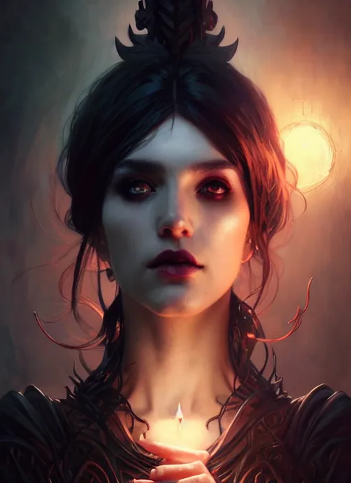 Image similar to a beautiful cinematic female Necromancer Sorceress, fantasy magic, undercut hairstyle, dark light night, intricate, elegant, sharp focus, illustration, highly detailed, digital painting, concept art, matte, art by WLOP and Artgerm and Greg Rutkowski and Alphonse Mucha, masterpiece