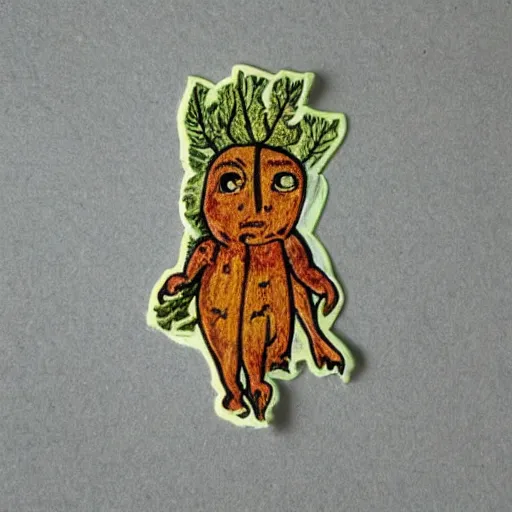 Image similar to cute colourful humanoid mandrake root with big eyes, from medieval herbarium sticker,