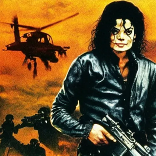 Image similar to michael jackson in rambo movie poster, holding machine gun