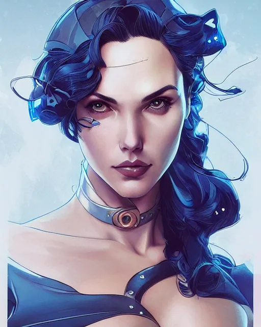 Image similar to in the style of joshua middleton, artgerm, beautiful gal gadot, steampunk, full body, blue dress, elegant pose, middle shot, spooky, symmetrical face, symmetrical eyes, detailed realisitc eyes, detailed realistic eyes, detailed and intricate