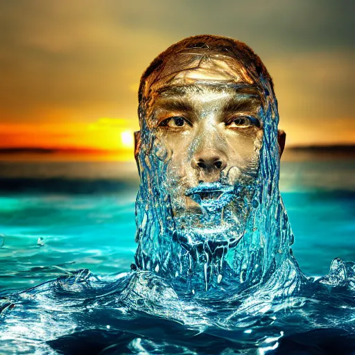 Image similar to water artwork manipulation in the shape of a human head, on the ocean water, amazing water art, ray tracing, realistic water sharp focus, long shot, 8 k resolution, cinematic