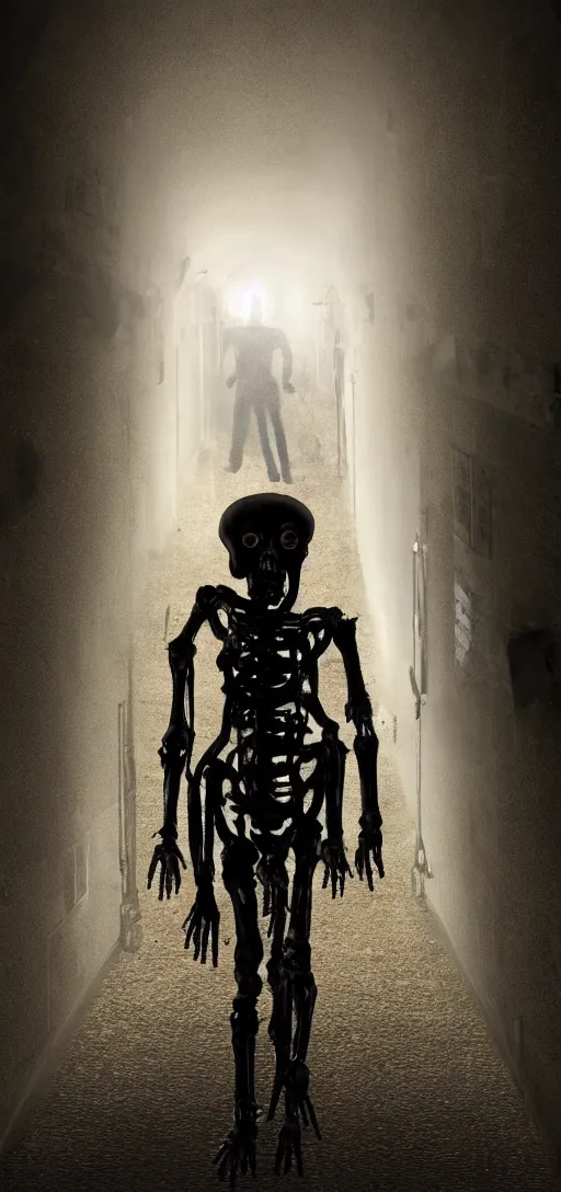 Image similar to a scary humanoid figure made out of machinery in a dark hallway, 4K, realistic, horror, body horror, disturbing