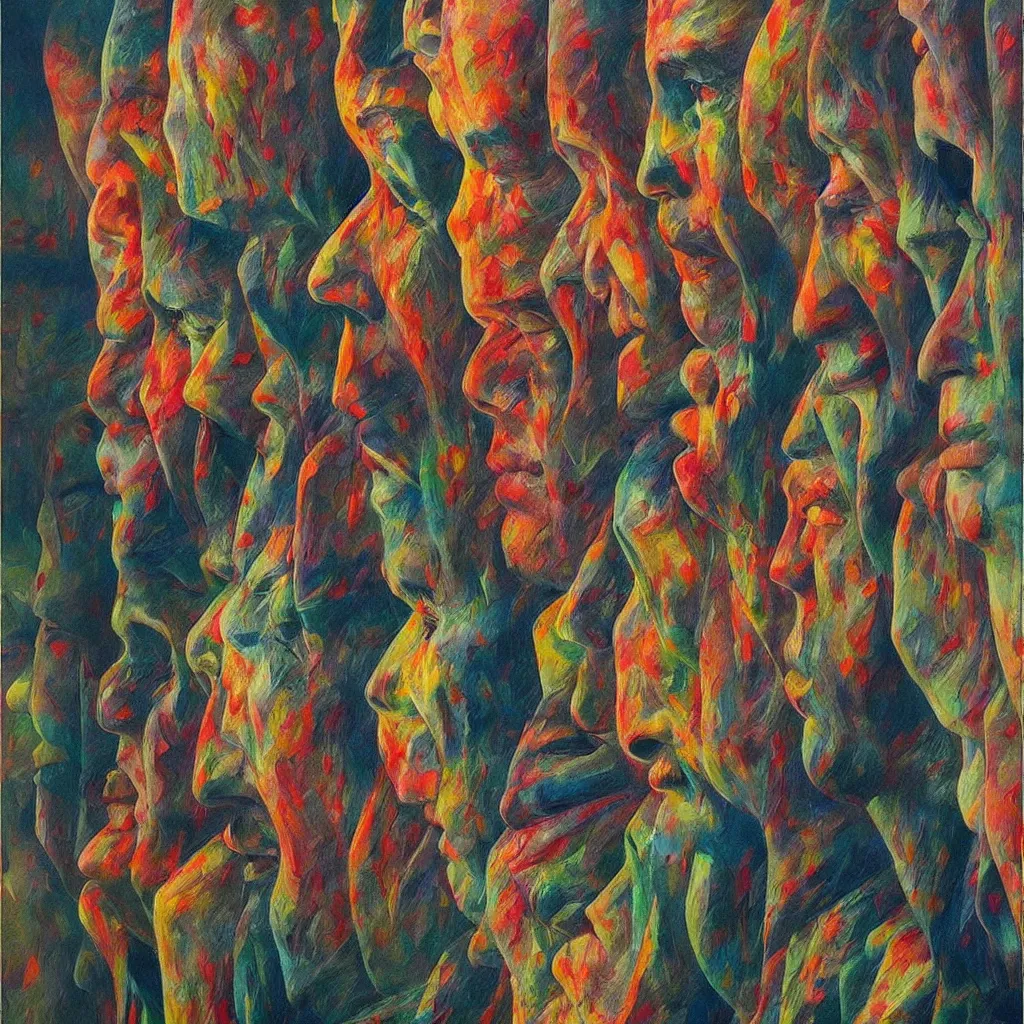 Image similar to colorful faces melted with paper bags, artstation, art by, , edward hopper, Zdzislaw Beksinski, highly detailed