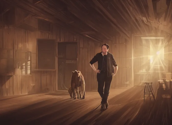 Prompt: elon musk walking through the door of a saloon, wild west, sunset, desert, dusty, sunbeams. digital illustration, colors, soft lighting, adventurous, atmospheric lighting, 8K, octane render. By Makoto Shinkai, Stanley Artgerm Lau, WLOP, Rossdraws, James Jean, Andrei Riabovitchev, Marc Simonetti, krenz cushart, Sakimichan, D&D trending on ArtStation, digital art.