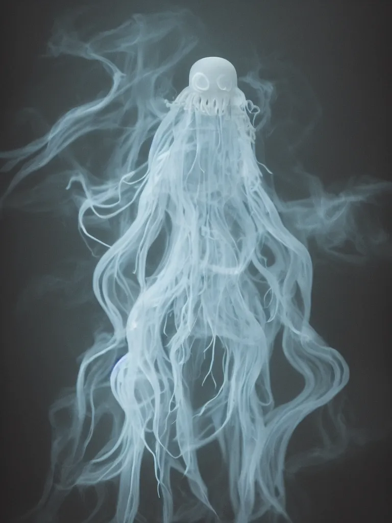 Image similar to cute fumo plush smiling ectoplasmic gothic skeletal jellyfish ghost girl, glowing milky wisps of hazy smoke and volumetric fog, lens flare, subsurface scattering, vignette, asymmetry, bokeh, refraction, vray