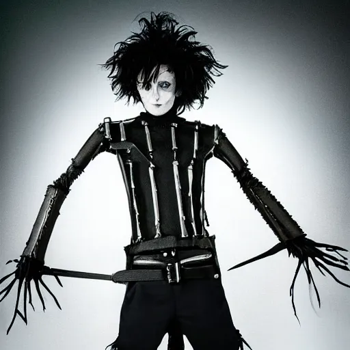 Image similar to first still taylor momson as edward scissorhands in edward scissorhands remake, ( eos 5 ds r, iso 1 0 0, f / 8, 1 / 1 2 5, 8 4 mm, postprocessed, crisp face, facial features )