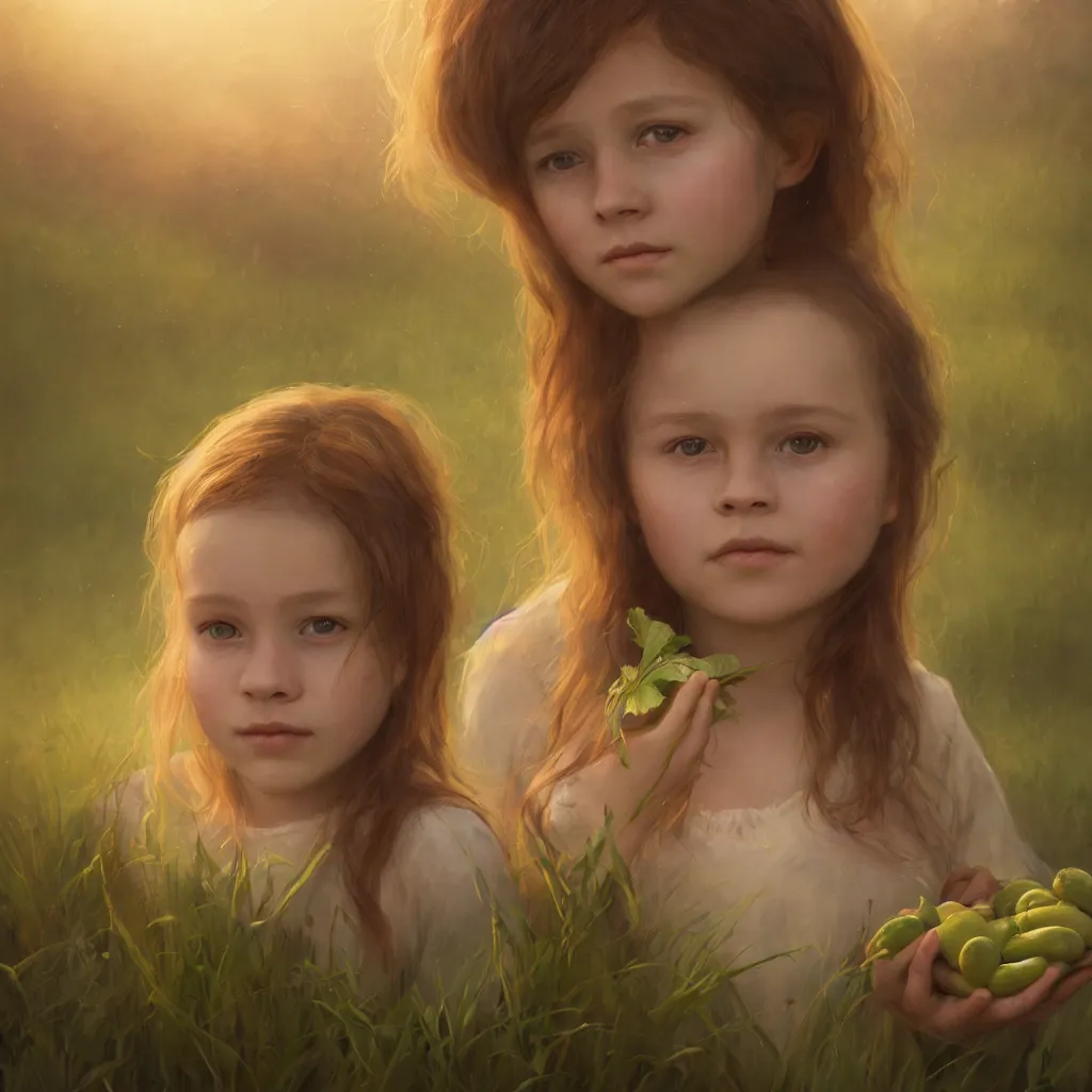 Image similar to Beautiful aesthetically pleasing single female child portrait, face centered portrait, ((only one face)) Confident holding vegetables, lush farm lands, fog, volumetric lighting beautiful, golden hour, sharp focus, ultra detailed, conceptartworld by Leesha Hannigan, Ross Tran, Thierry Doizon, Kai Carpenter, Ignacio Fernández Ríos