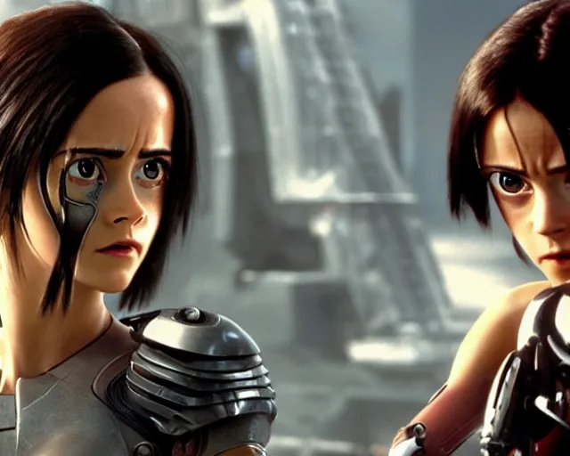 Image similar to a film still from battle angel alita played by actress emma watson, futuristic, cinematic lighting, photorealistic, lifelike, highly detailed, close - up, photorealistic, high resolution