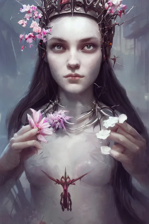 Image similar to portrait of cute gith maiden girl with crown of thorns and white hairs, warhammer, cyberpunk, 3 d render, hyper realistic detailed portrait, holding magic flowers, scifi, fantasy, hyper detailed, octane render, concept art, peter mohrbacher, artgerm, ruan jia, wlop