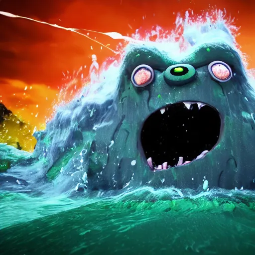 Prompt: the pain is splattered on the sad monster's green face while huge waves crash against him, water sprays into the air, black thunderclouds, hints of red and yellow, unreal engine