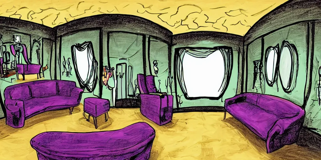 Image similar to a dimly lit, theater dressing room, with a mirror, a chair, a couch, day of the tentacle style, drawn by Peter Chan, fish eye