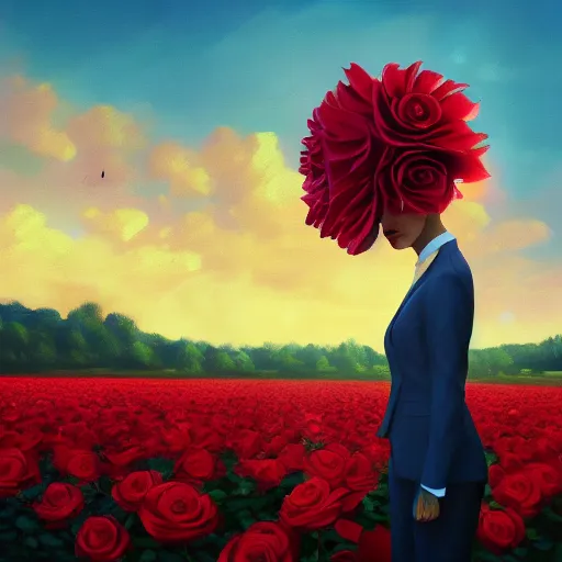 Image similar to closeup, big rose flower head, portrait, girl in a suit, surreal photography, sunrise, blue sky, dramatic light, impressionist painting, digital painting, artstation, simon stalenhag