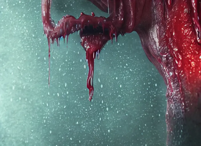 Prompt: a giant slimy creepy monster, very long slimy tongue, dripping saliva, mouth inside a mouth, macro photo, many long wet tongues, translucent skin, fangs, red glowing veins, thin blue arteries, cinematic colors, standing in shallow water, insanely detailed 8 k artistic photography, dramatic lighting