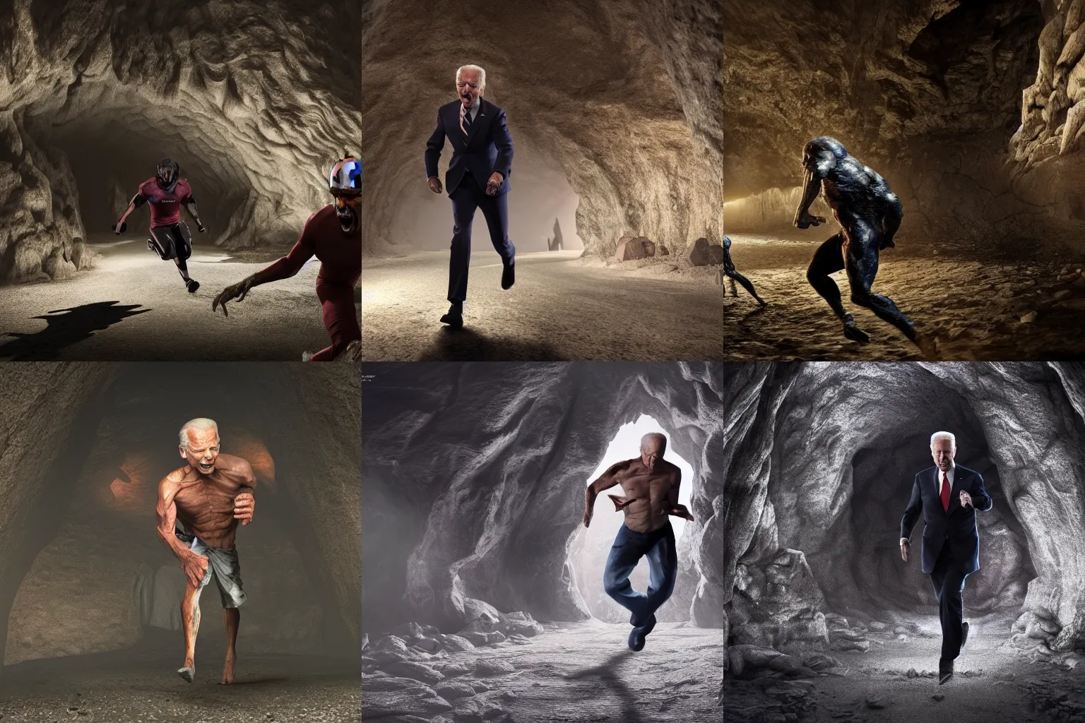 Prompt: inhuman amalgam Joe Biden attacks the sprints inside an eerie cave, photorealism, uhd, 8k octane render, scary, eerie, realistic, wide shot, full shot, dramatic shot,