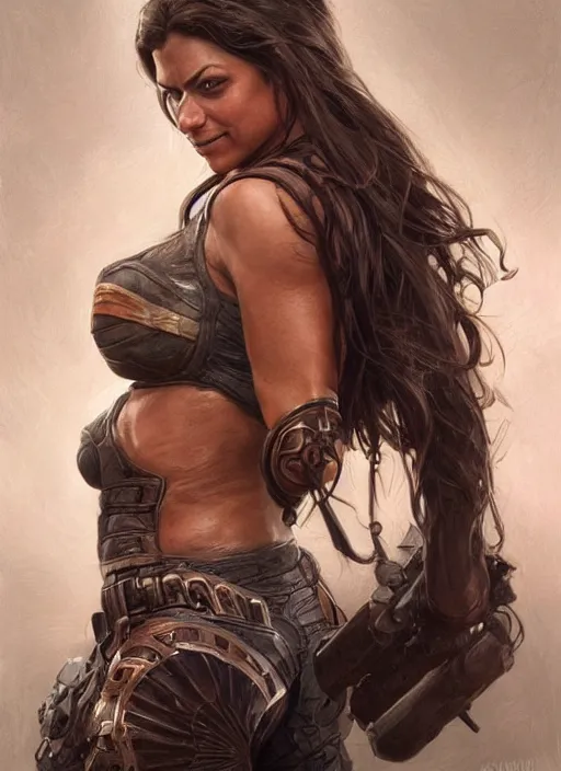 Image similar to muscled Mila Kunis grinning as a ruggedly handsome heroine, intricate, elegant, highly detailed, centered, artstation, concept art, smooth, sharp focus, illustration, bokeh art by artgerm and donato giancola and Joseph Christian Leyendecker, WLOP