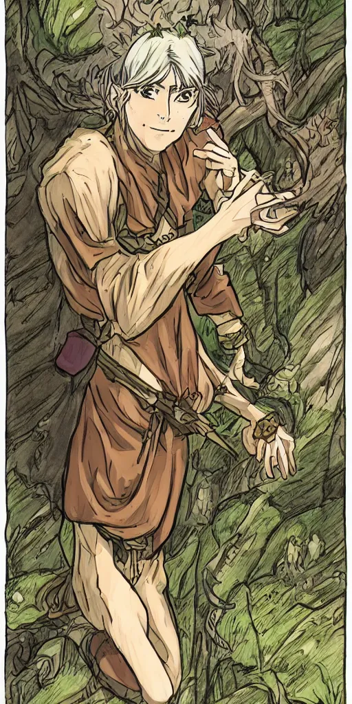 Image similar to an wood elf boy getting ready for an high fantasy adventure on the mountain side, anime style, tarot card, Tarot card the fool, fine line work, psychedelic, full color, earth tones