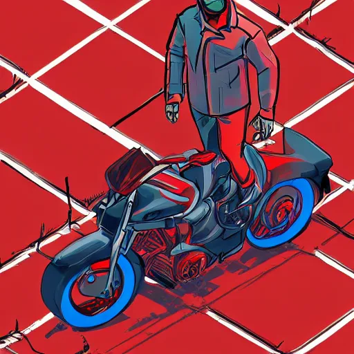 Image similar to man with a red jacket walking toward a red futuristic racing motorbike, isometric view, ink drawing, panoramic view, wide angle, ultra realistic, intricate details, cyberpunk, ultra detailed, sharp focus, trending on artstation