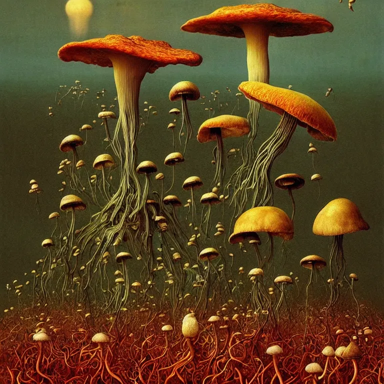 Prompt: Kombucha, tea mushroom, tea fungus, Manchurian mushroom fly in cosmos. Extremely high details, realistic, fantasy art, solo, masterpiece. Art by Zdzisław Beksiński, Arthur Rackham, Dariusz Zawadzki