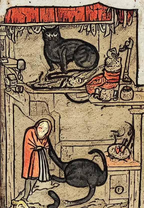 Image similar to [Grim medieval illustration of a cat watching youtube on a computer]