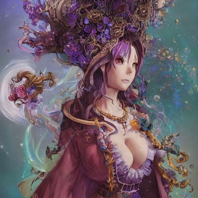 Image similar to the portrait of chaotic good female druid alchemist as absurdly beautiful, gorgeous, elegant, young anime girl, an ultrafine hyperdetailed illustration by kim jung gi, irakli nadar, intricate linework, sharp focus, bright colors, octopath traveler, final fantasy, unreal engine 5 highly rendered, global illumination, radiant light, detailed and intricate environment