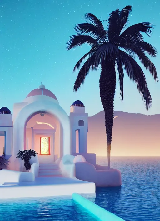 Prompt: 🌟🌜✈⛵, Art Deco, in SANTORINI island, palm trees, crystal clear neon water, starry night, Trending artstation, octane render, cgsociety, surrealist, cinematic, shadow of the tomb rider