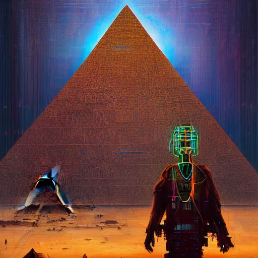 Image similar to a dogon cyberpunk hacker and the pyramid portal by greg rutkowski and android jones in a surreal portrait style, oil on canvas, 8k resolution