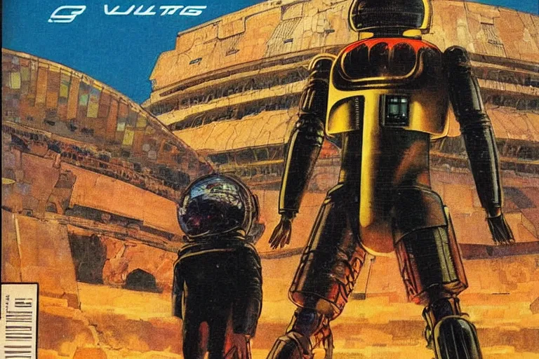 Prompt: 1979 OMNI Magazine Cover depicting an android Goliath standing in a coliseum. Cyberpunk Akira style by Vincent Di Fate