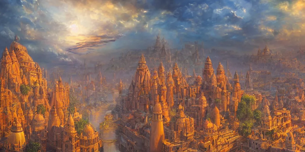 Image similar to fantasy oil painting, mega structure city of varanasi, fantasy, colossal, gate, looming, small buildings, warm lighting, street view, silhouetted figure standing overlooking, space port city, epic, distant mountains, bright clouds, luminous sky, cinematic lighting, michael cheval, david palladini, artstation, oil painting, vray, 8 k hd