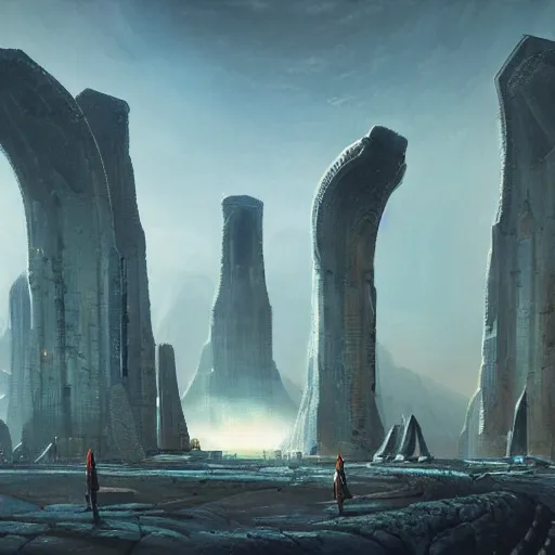 Image similar to pulp fantasy concept art painting of an alien civilisation, sacred monoliths, futuristic, technocracy, toxic, shrines, by greg rutkowski and james gurney