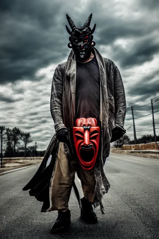 Image similar to guy with oni mask walkin on empty hood, photorealistic, smooth, 4 k, aesthetic lighting, baroque object, hyperdetailed, professional photography, pullitzer winning, photo by : canon eos 5 d mark iv, by karah mew and adnan abidi