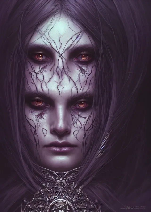 Image similar to Necromancer Sorceress face close-up macro in center, fantasy magic, undercut hairstyle, dark light night, intricate, elegant, sharp focus, illustration, highly detailed, digital painting, concept art, matte, art by WLOP and Artgerm and Greg Rutkowski and Alphonse Mucha, masterpiece