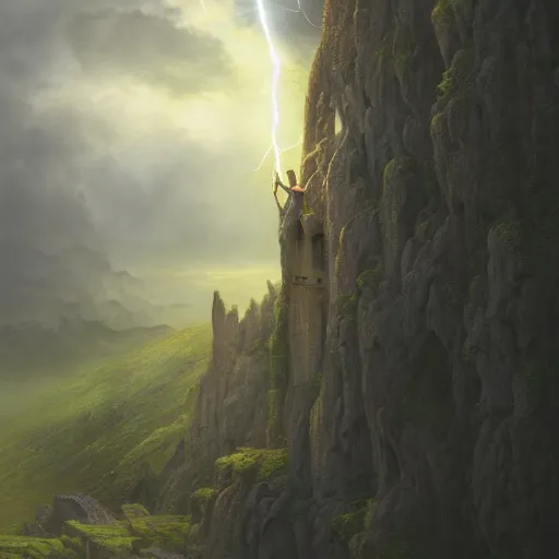 Image similar to a beautiful detailed realistic matte painting of close - up of a magical wizard looking towards a serene landscape with an eerie dark magic lightning portal to another dimension, by john howe and alexander skold and andreas rocha. vray, raytracing, detailed lighting, volumetric lighting, cinematic lighting, very wide shot, f 8