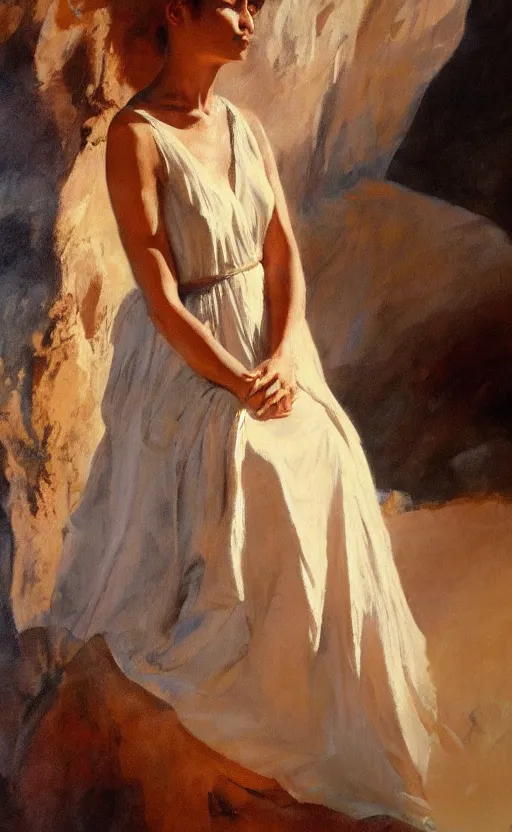 Prompt: romantic cave painting of in an elegant dress, by gregory manchess, james gurney, james jean, realistic, photo, 8 k